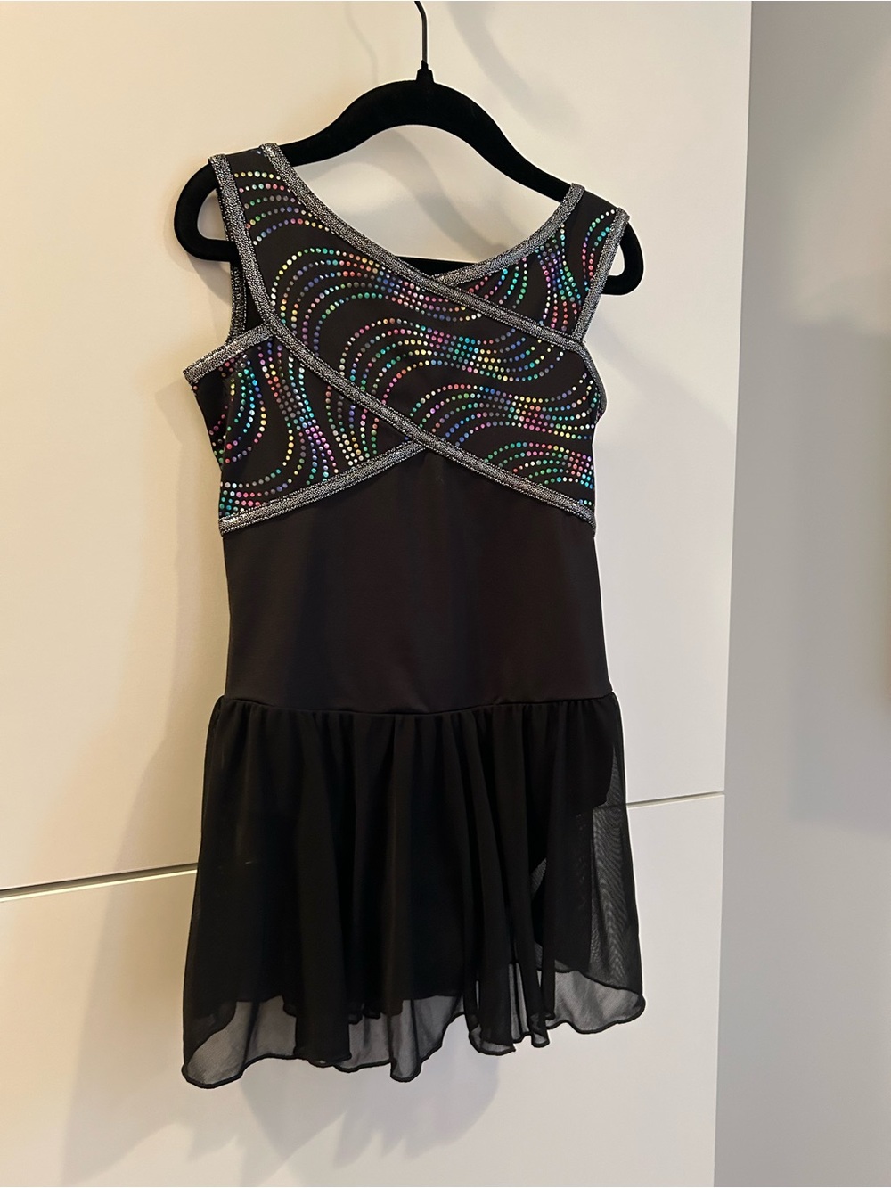 Capezio Black Dance Dress with Multicolor Sparkle Swirls S/CH - Picture 4 of 9